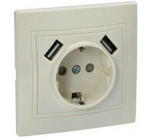 КВАРТА Кремовый Розетка 1-местная с заземлениемРЮш10-1-ККм 16А USBх2 2,1А  KV-R14-16-U2-K33  GENERICA
