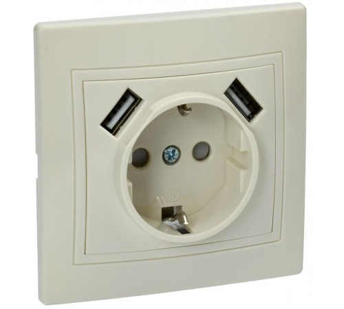 КВАРТА Кремовый Розетка 1-местная с заземлениемРЮш10-1-ККм 16А USBх2 2,1А  KV-R14-16-U2-K33  GENERICA