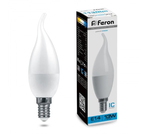 Лампа светодиодная, (13W) 230V E14 6400K С37T, LB-970  38114  FERON