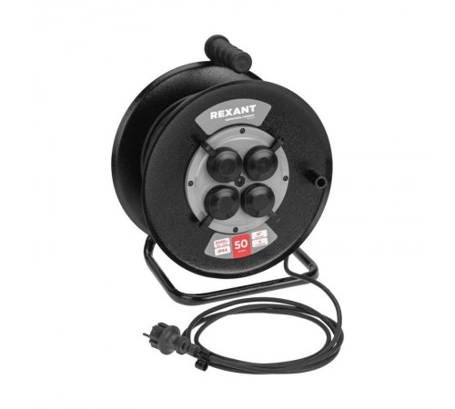 Удлинитель силовой КГ на катушке 4 гнезда, с/з, 50м, 3х1,5мм, IP44 c защитными крышками, металлическая катушка  13-5013  REXANT