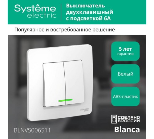 Blanca Белый С/У Выключатель 2-клавишный с подсветкой, 6А, 250В  BLNVS006511  SE