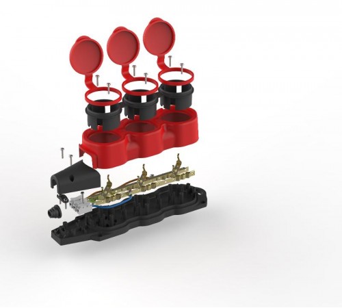 Колодка  KX-3e-RED-IP44 каучуковая с заземлением 3 розетки 16A IP44 красная  Б0068393  ЭРА