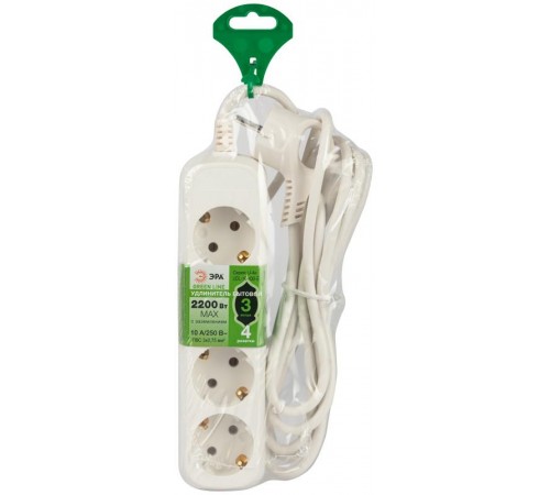 Удлинитель электрический ЭРА UDL-10-430-E Greenline 4 розетки с заземлением 3м ПВС 3x0.75мм2   Б0065061  ЭРА