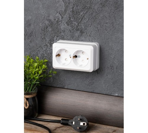 Рим Розетка 2-местная 16А с заземлением белая с защ. штор. EKF  ENR16-128-100  EKF