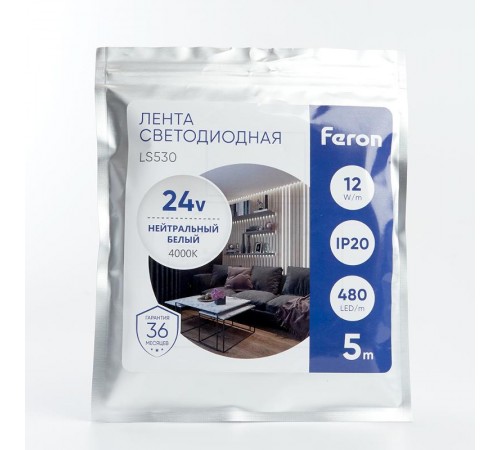 Лента светодиодная 480SMD(2110) 12Вт/м 24V 5000*10*1.8мм IP20 4000К, LS530 FERON  48271  FERON