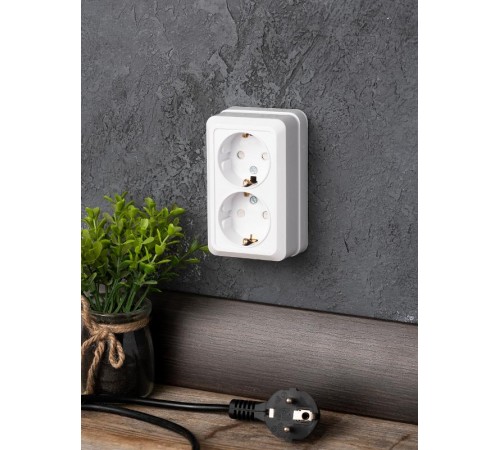 Рим Розетка 2-местная 16А с заземлением белая с защ. штор. EKF  ENR16-128-100  EKF