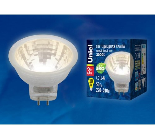 Лампа светодиодная LED-MR11-3W/WW/GU4/220V GLZ21TR LED, 220V. прозр 3000K  UL-00001702  Uniel