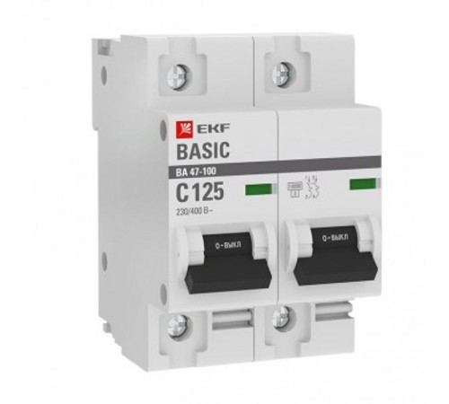 Выключатель автоматический двухполюсный 2P 125А (C) 10kA ВА 47-100 EKF Basic  mcb47100-2-125C-bas  EKF
