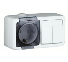 Блок открытой установки, брызгозащищенный, розетка с заземляющим контактом и шторками+двухклавишный выключатель, цвет белый  БА 16-222  HEGEL