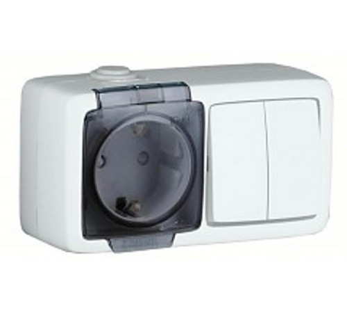 Блок открытой установки, брызгозащищенный, розетка с заземляющим контактом и шторками+двухклавишный выключатель, цвет белый  БА 16-222  HEGEL