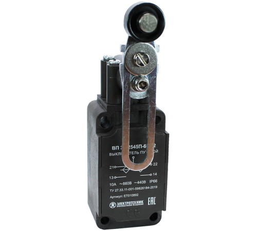 ВП 36-2545П-66 У2, рычаг с пластиковым роликом, регулир. по длине, 1з+1р, инерционный, 30х60 мм, IP66, выключатель путевой  ET010892  Электротехник