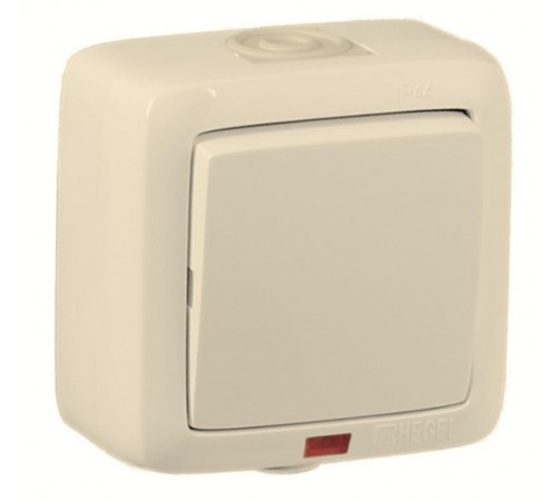 Переключатель открытой установки, одноклавишный, с индикацией, брызгозащищенный, цвет слоновая кость  ВА10-262-01  HEGEL