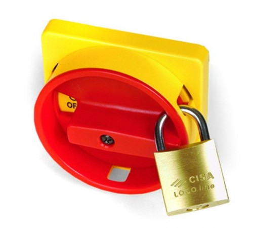 Желтая площадка 67х67 - красная ручка с д.22мм  с замком для серии АМ  AZ4201  DKC