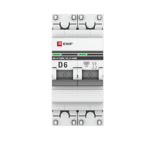 Выключатель автоматический двухполюсный 2P 6А (D) 6кА ВА 47-63M c одним магнитным расцепителем EKF  mcb4763m-6-2-6D-pro  EKF (замена - M63MA626D)