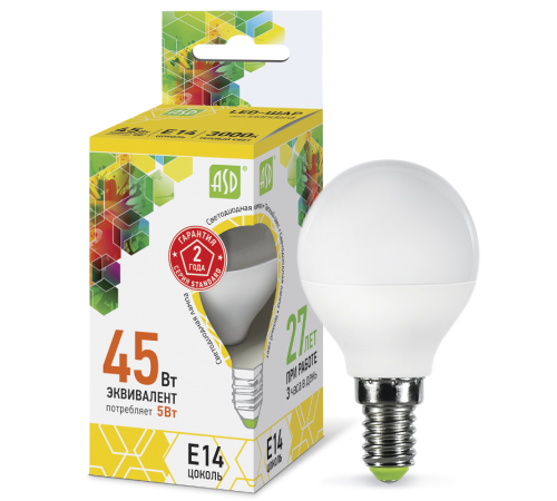 Лампа светодиодная LED-ШАР-standard 5Вт 230В Е14 3000К 450Лм  4690612002125  ASD