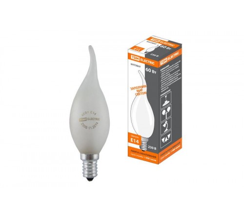 Лампа накаливания ЛОН 60Вт E14 230В свеча на ветру матовая  SQ0332-0024  TDM