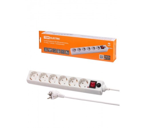 Сетевой фильтр СФ-06В выключатель, 6 гнезд, 3 метра, с/з, ПВС 3х0,75мм2 10А/250В белый  SQ1304-0020  TDM