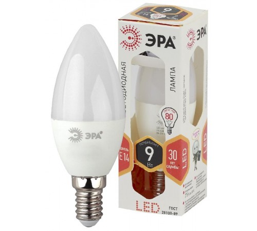 Лампа светодиодная LED 9Вт E14 220В 2700К B35 свеча  Б0027969  ЭРА