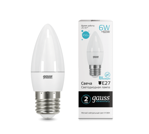 Лампа светодиодная LED 6Вт E27 220В 4100К Elementary свеча  33226  Gauss