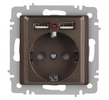 Розетка Intro Accent 6-410-08 , P+E Schuko со шторками, 16А-250В + 2хUSB, IP20, СУ, бронза  Б0063704  Intro
