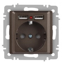 Розетка Intro Accent 6-410-08 , P+E Schuko со шторками, 16А-250В + 2хUSB, IP20, СУ, бронза  Б0063704  Intro