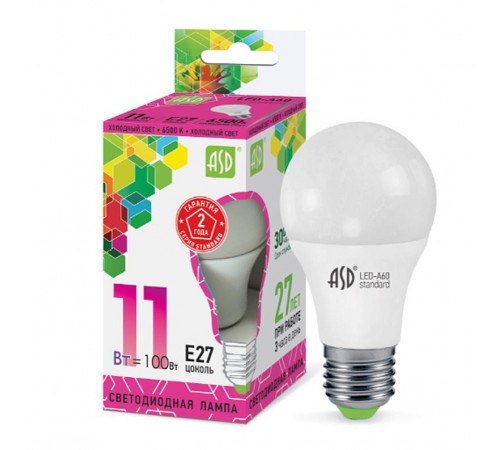 Лампа светодиодная LED-A60-standard 11Вт 230В Е27 6500К 990Лм  4690612014197  ASD