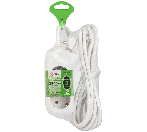 Удлинитель электрический ЭРА UDL-10-230-E Greenline 2 розетки с заземлением 3м ПВС 3x0.75мм2   Б0064947  ЭРА