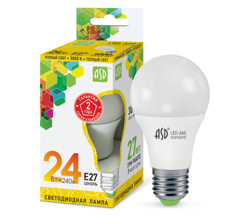 Лампа светодиодная LED-A65-standard 24Вт 230В Е27 3000К 2160Лм  4690612014265  ASD