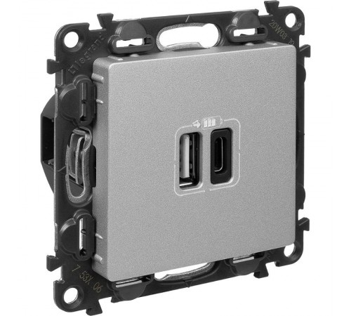 Valena LIFE Алюминий Зарядное устройство с 2-мя USB-разьемами тип A-тип С 240В/5В 3000мА С лицевой панелью  753306  Legrand