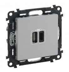 Valena LIFE Алюминий Зарядное устройство с 2-мя USB-разьемами тип A-тип С 240В/5В 3000мА С лицевой панелью  753306  Legrand
