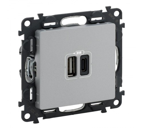 Valena LIFE Алюминий Зарядное устройство с 2-мя USB-разьемами тип A-тип С 240В/5В 3000мА С лицевой панелью  753306  Legrand