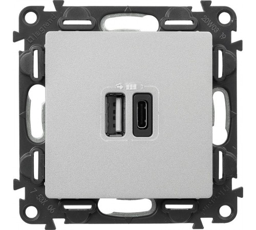 Valena LIFE Алюминий Зарядное устройство с 2-мя USB-разьемами тип A-тип С 240В/5В 3000мА С лицевой панелью  753306  Legrand