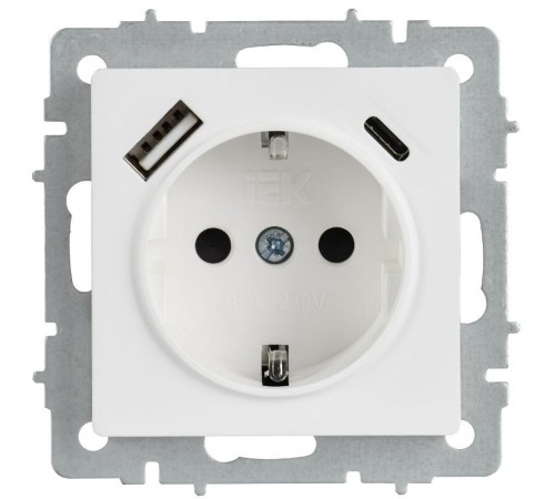 BRITE Розетка 1-местная с заземлением с защитными шторками 16А с USB A+C 18Вт РЮш11-1-БрАБ арктический белый   BR-R14-16-U22-018-K91  IEK