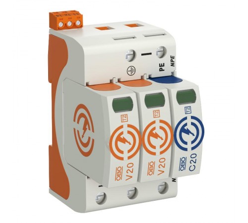 Устройства защиты от импульсных перенапряжений УЗИП для силовых сетей 2+NPE (Класс II), 150 В (V20-2+NPE+FS-150)  5095322  OBO Bettermann