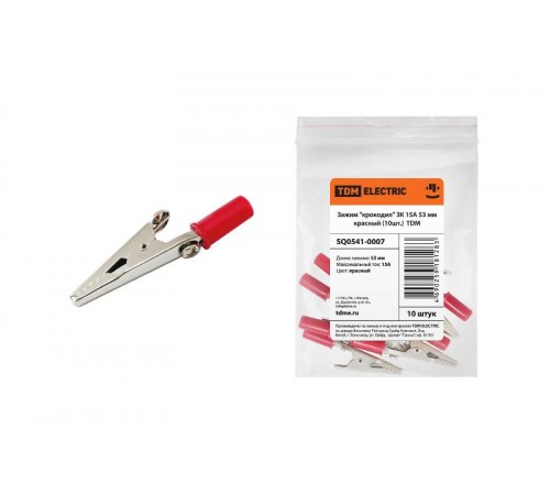 Зажим "крокодил" ЗК 15А 53мм красный (10шт)   SQ0541-0007  TDM