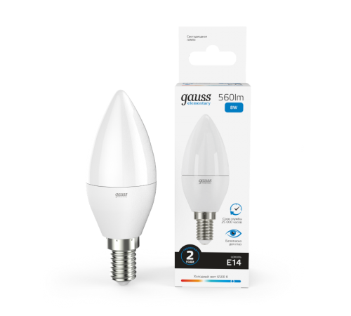 Лампа светодиодная LED 8Вт E14 220В 6500К Elementary свеча  33138  Gauss