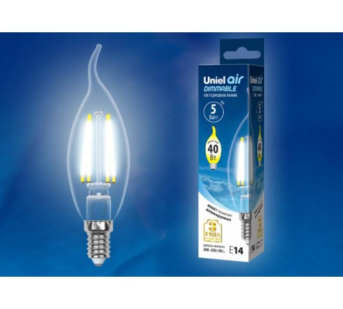 Лампа светодиодная LED-CW35-5W/NW/E14/CL/DIM GLA01TR LED диммируемая. "свеча на ветру", прозр серия Air. 4000K  UL-00002865  Uniel