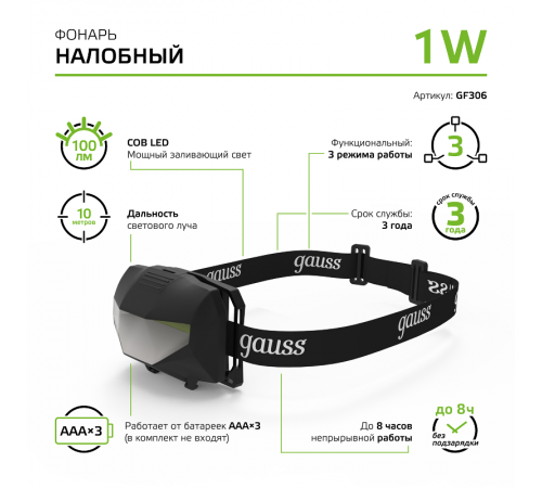 Фонарь налобный GFL306 1W 100lm 3xAAА LED 1/12/60  GF306  Gauss