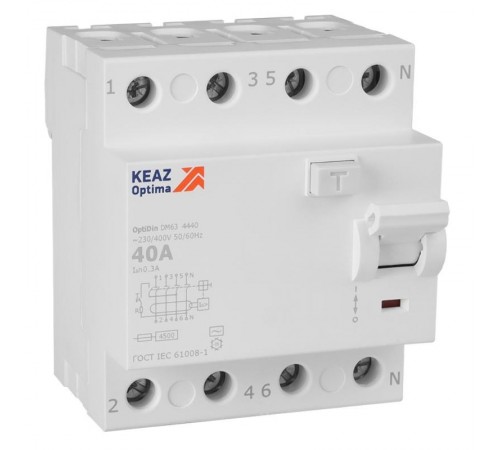 Выключатель дифференциального токаOptiDin DM63-4440-AC-4,5-УХЛ4 (4P, 40, 300mA)  343904  КЭАЗ