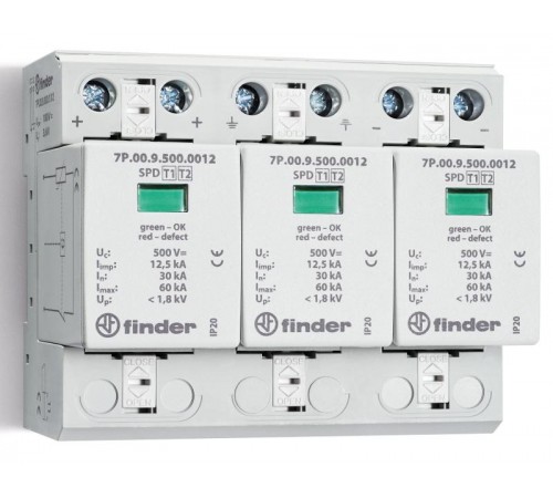 Устройство защиты от импульсных перенапряжений УЗИП тип 1+2 (3 варистора 1000В DC); модульный, ширина 108мм;  7P0390001012  Finder