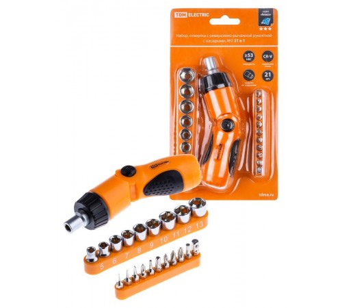 Набор отвертка с реверсивно-рычажной рукояткой с насадками, №2, 21 предмет "Алмаз"  SQ1019-0202  TDM