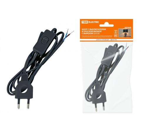Шнур с выключателем и плоской вилкой с вырезом ШУ03В ШВВП 2х0,75мм2 2 м. черный  SQ1305-0022  TDM