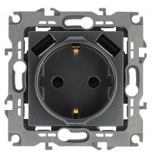 12-4109-12 Розетка с заземлением 16A-250В, штор. с 2xUSB 5В-3А, 12, графит   Б0047846  ЭРА
