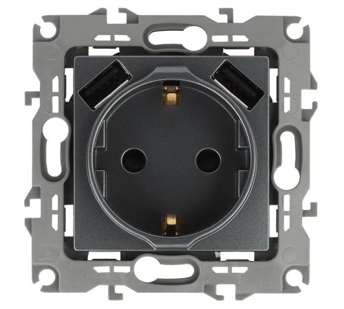 12-4109-12 Розетка с заземлением 16A-250В, штор. с 2xUSB 5В-3А, 12, графит   Б0047846  ЭРА