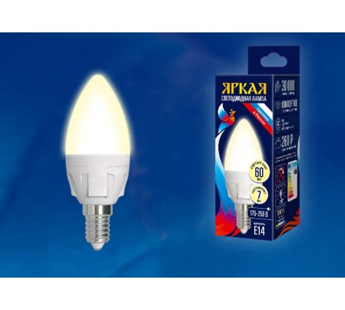 Лампа светодиодная LED-C37 7W/WW/E14/FR PLP01WH LED. "свеча", матовая. серия Яркая, пр-во Россия, 3000K  UL-00002413  Uniel