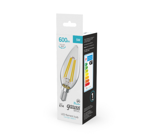 Лампа светодиодная   Basic Filament Свеча 5W 600lm 4000K E14 LED 1/10/50  50312252  Gauss