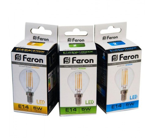 Лампа светодиодная LB-61 (5W) 230V E14 2700K филамент G45 прозрачная  25578  FERON
