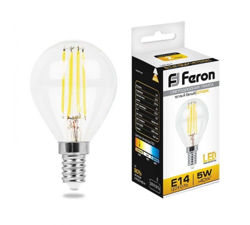 Лампа светодиодная LB-61 (5W) 230V E14 2700K филамент G45 прозрачная  25578  FERON