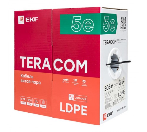 Кабель витая пара TERACOM PRO Cat.5E F/UTP 4 пары solid внешний 24AWG черный упак. 305м  TRP-5EFTP-04PE-BK-OUT3  EKF