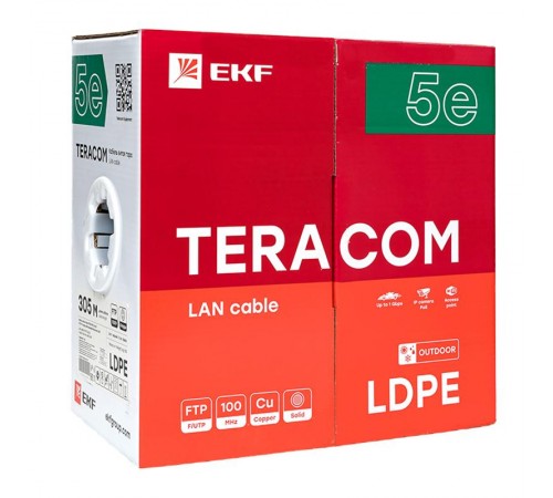Кабель витая пара TERACOM PRO Cat.5E F/UTP 4 пары solid внешний 24AWG черный упак. 305м  TRP-5EFTP-04PE-BK-OUT3  EKF
